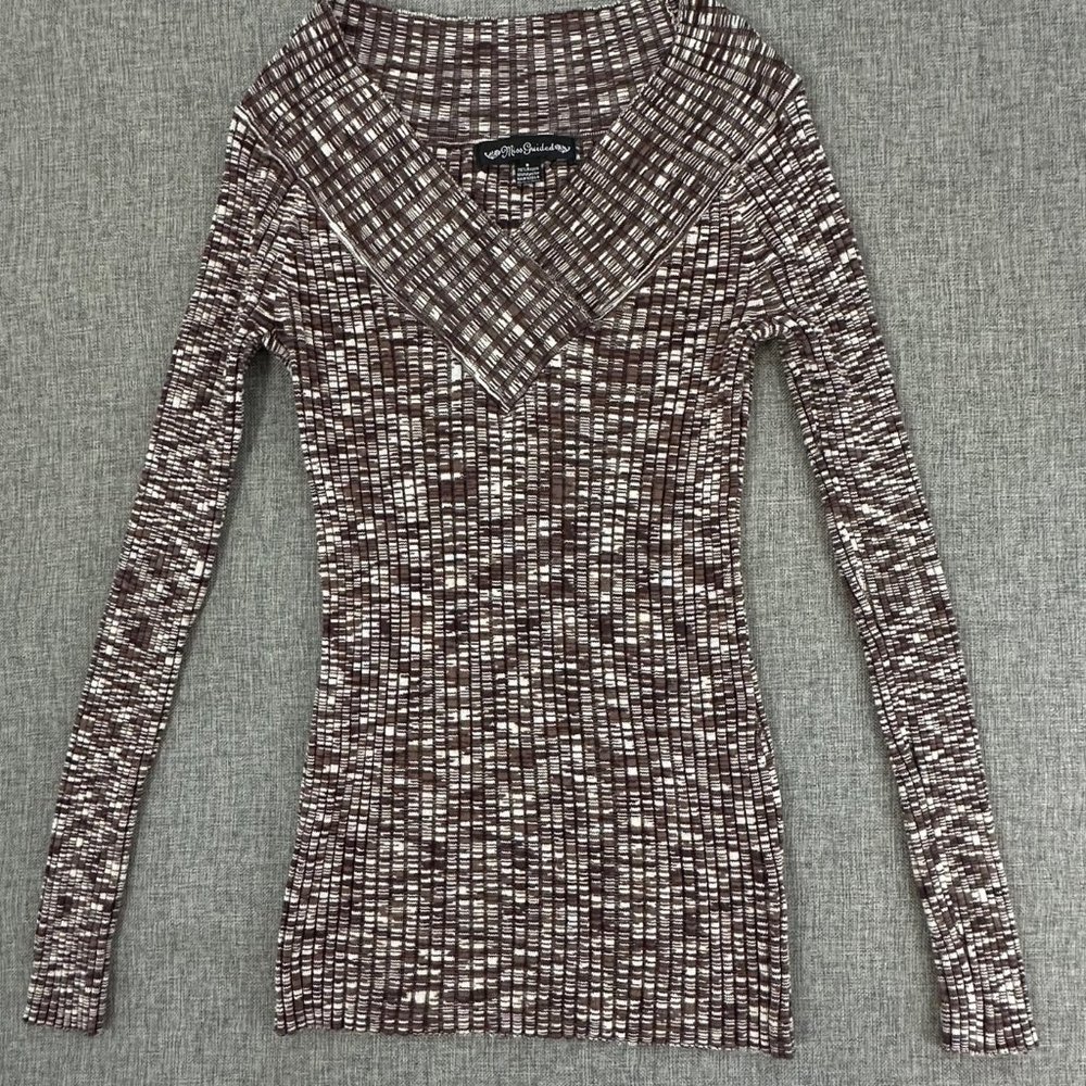 Miss Guided Knit Top Sz 5 Long Sleeve Stretch V-Neckline Brown & Beige‎ Rayon &